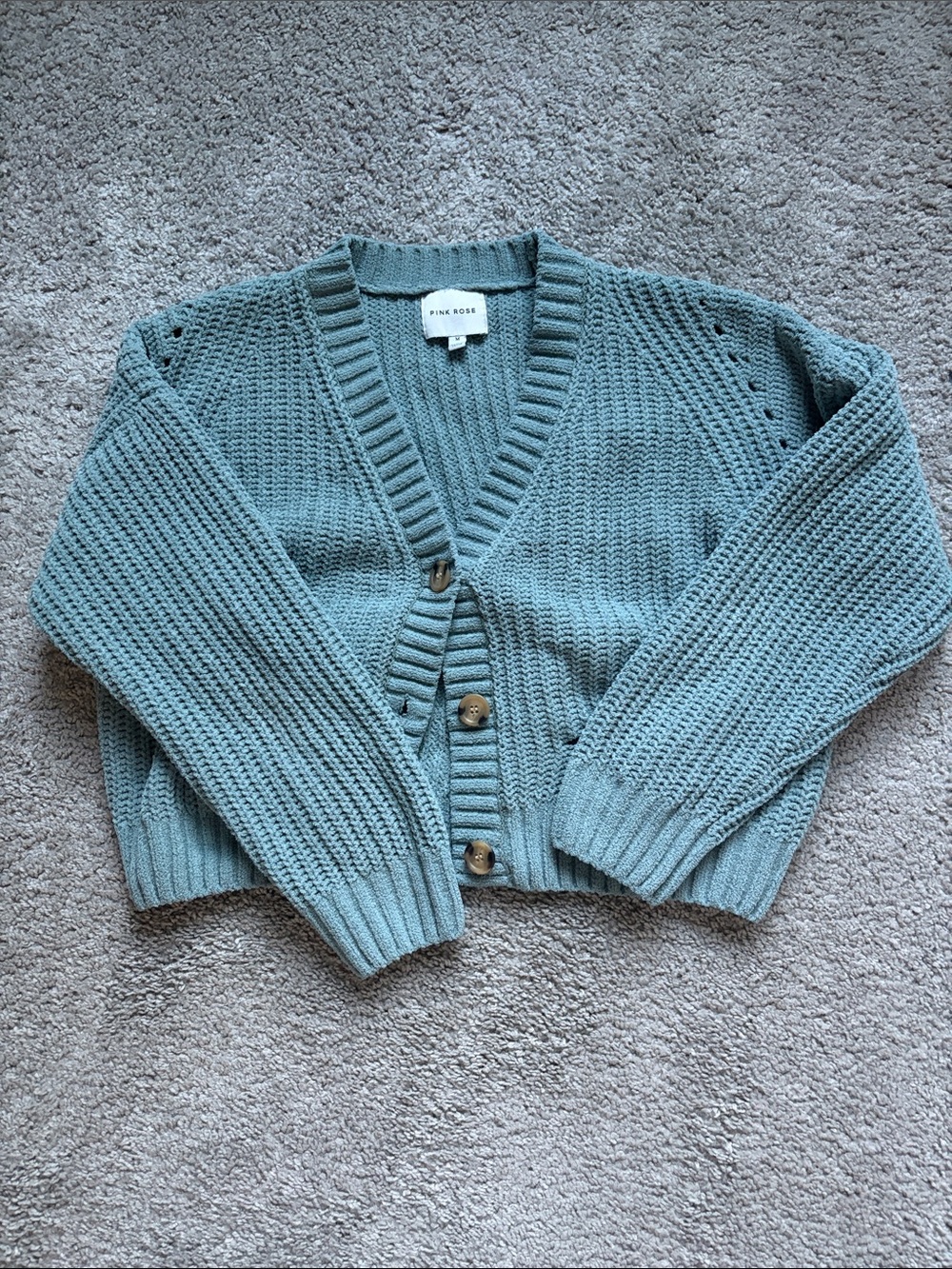 Pink Rose Seafoam Green Chunky V-Neck Button Cardigan